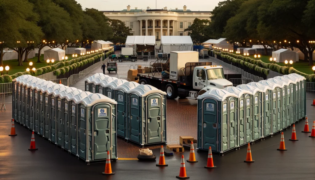 Festival porta potty bank with barricades in Newburgh, New York State